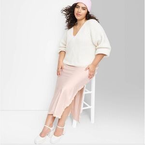 Wild Fable Light Pink High Rise Pull On Waist Satin Lace Trim MIDI Skirt New!